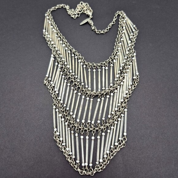 NY Signed Silver Tone Layered Cascade Statement Bib Collar Necklace 16" to 19" - Picture 5 of 6